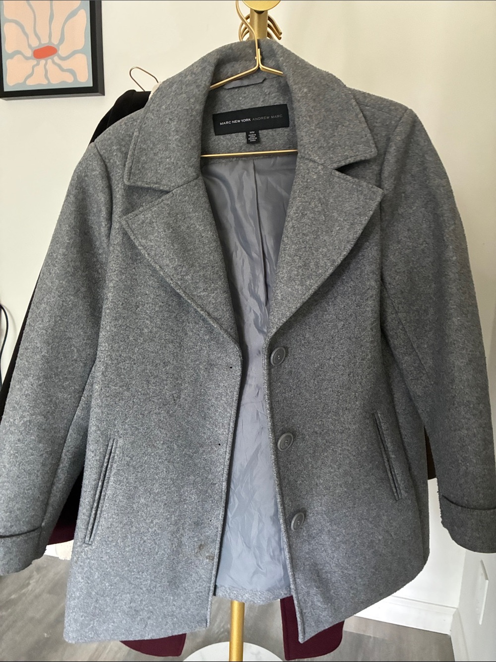 Marc New York Gray Wool Pea Coat with Classic Lapels